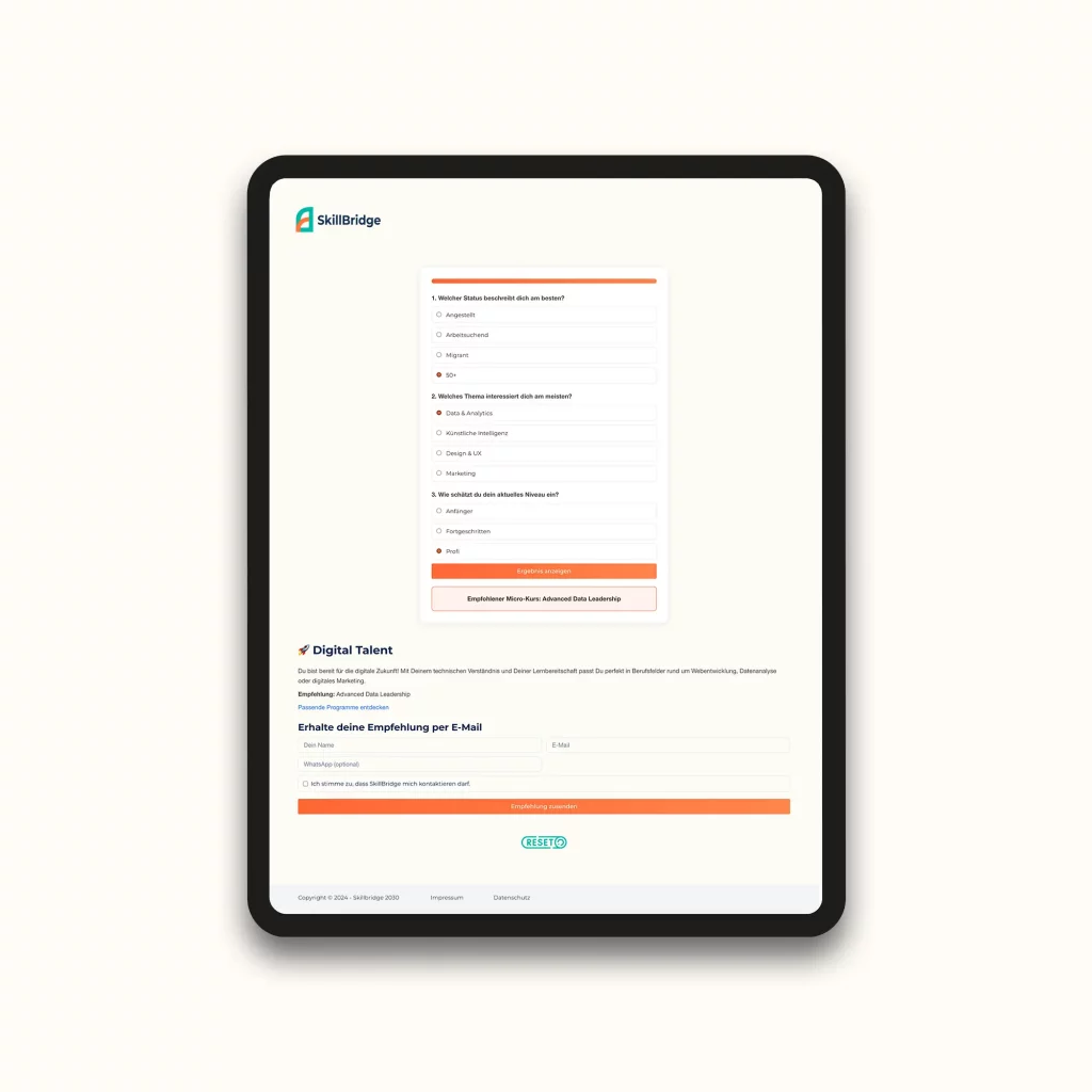Ergebnisansicht des SkillBridgeQuiz auf einem Tablet – individuelle Kurs-Empfehlungen für Future Skills nach Nutzerinteressen