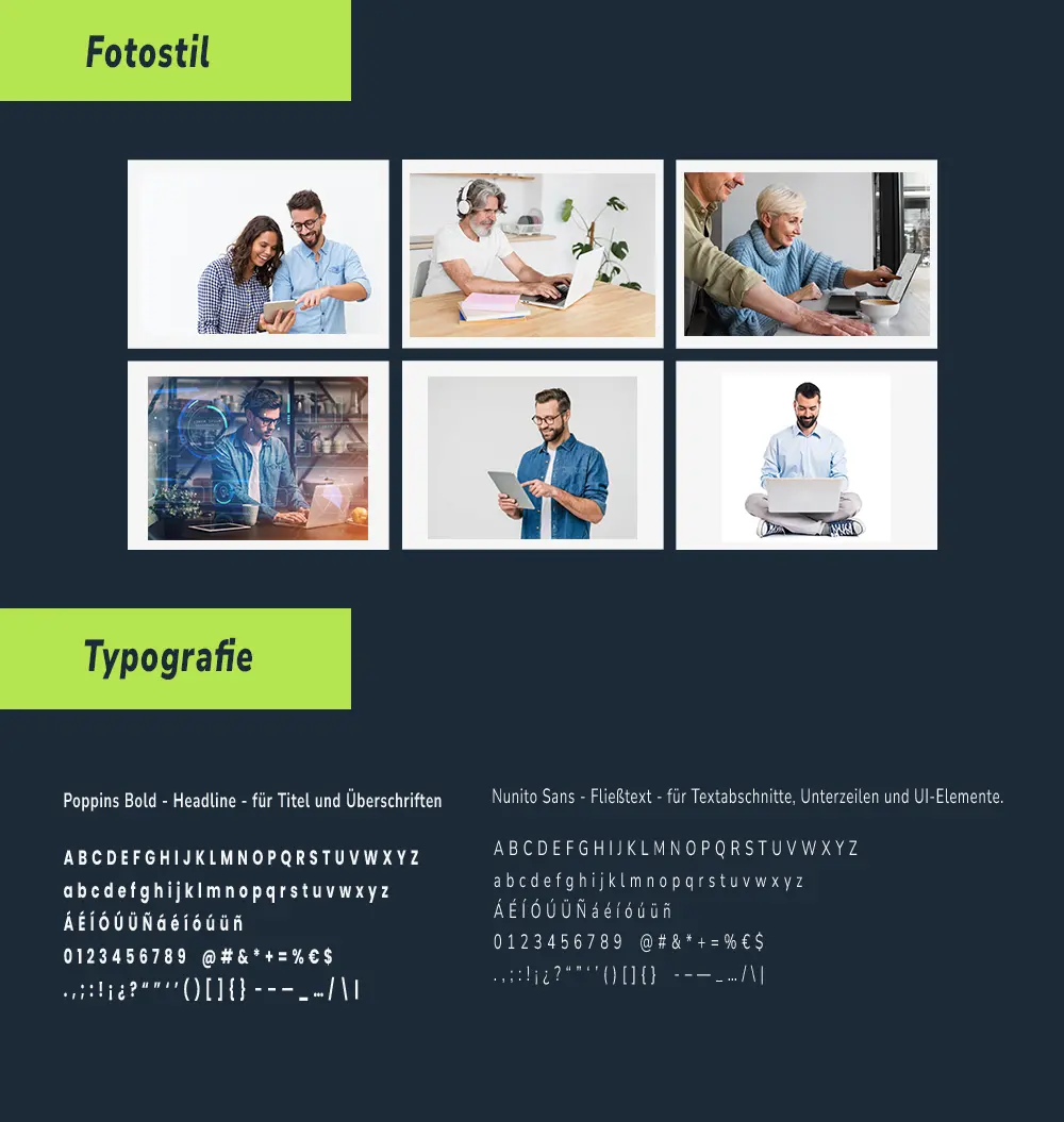 Fotostil und Typografie der Restart-Bildungskampagne mit authentischen Lernszenen, moderner Schriftgestaltung und klaren Designprinzipien.
