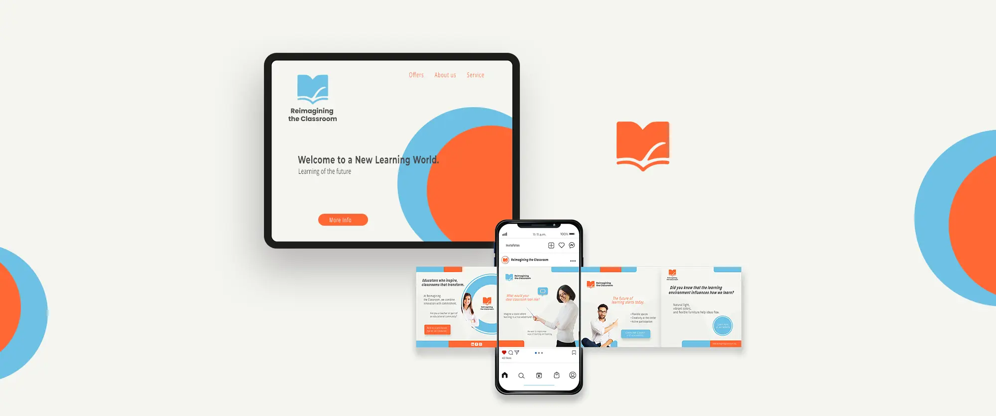Hauptbild-Mockup 'Reimagining the Classroom' mit Tablet-Webdesign, Smartphone-Social-Media-Post-Karussell und Logo