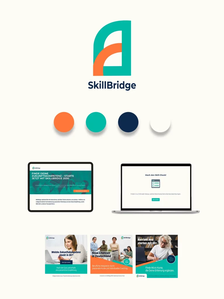Moodboard mit SkillBridge-Logo, Farbpalette, UX-Mockups der Landing Page auf Laptop und Tablet sowie Social-Media-Posts für digitales Bildungsmarketing