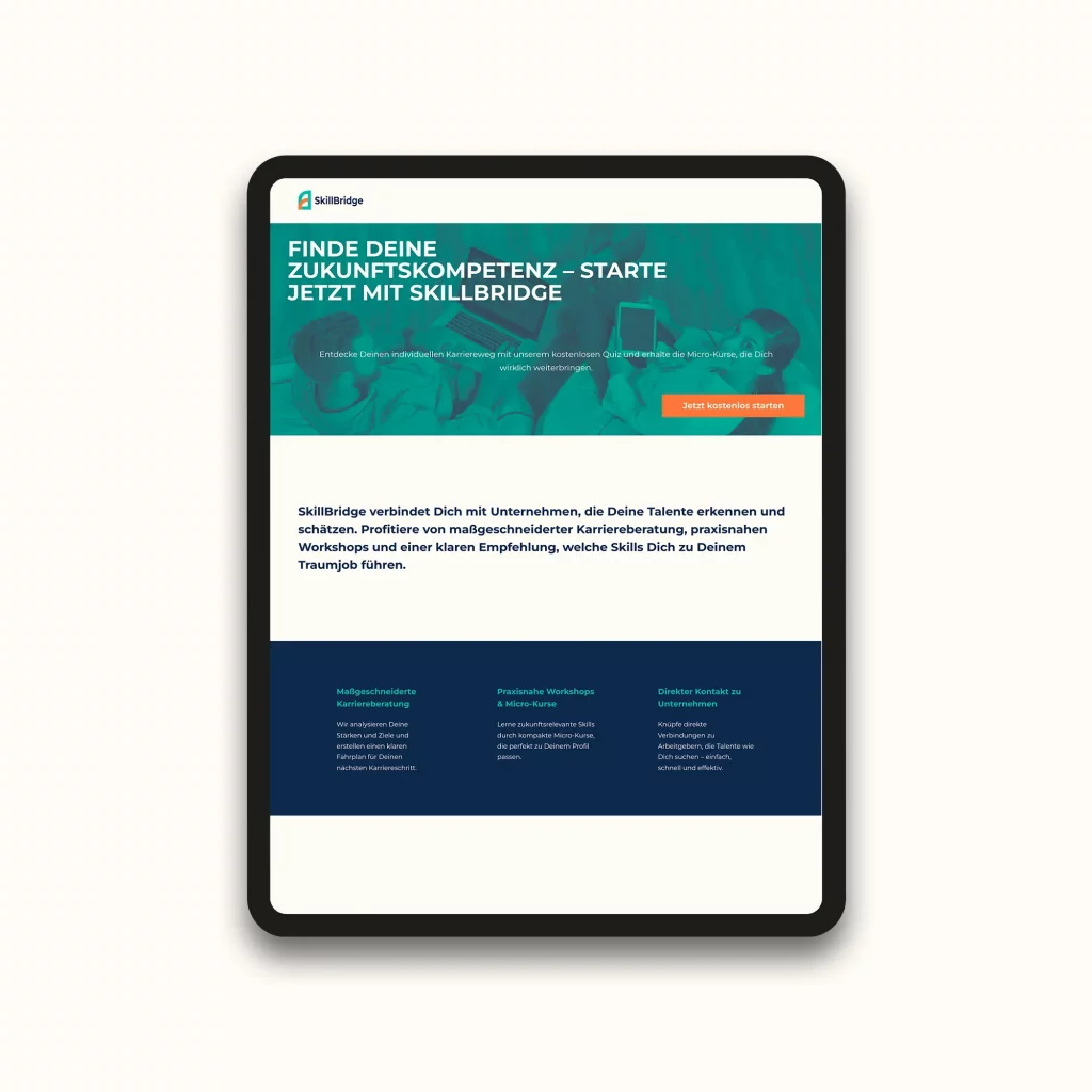SkillBridge Landingpage auf einem Tablet – klares UX-Design für ein digitales Bildungserlebnis mit Fokus auf Future Skills