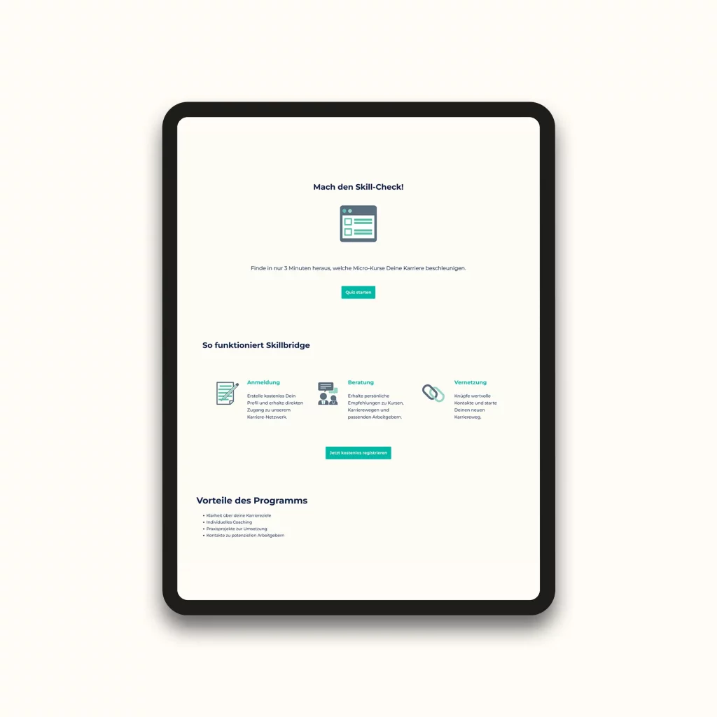 SkillBridge Landingpage auf einem Tablet – klares UX-Design für ein digitales Bildungserlebnis mit Fokus auf Future Skills- Quitz Button