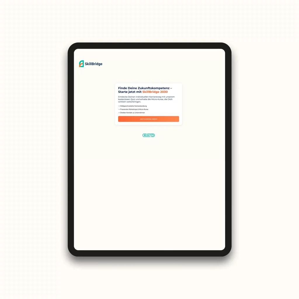 Startscreen des interaktiven Quiz von SkillBridge  auf einem Tablet – personalisierter Einstieg in die Lernpfade für Future Skills