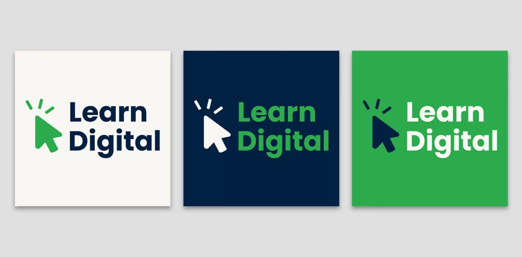 Drei Farbvarianten des Learn Digital Logos für unterschiedliche Anwendungen.