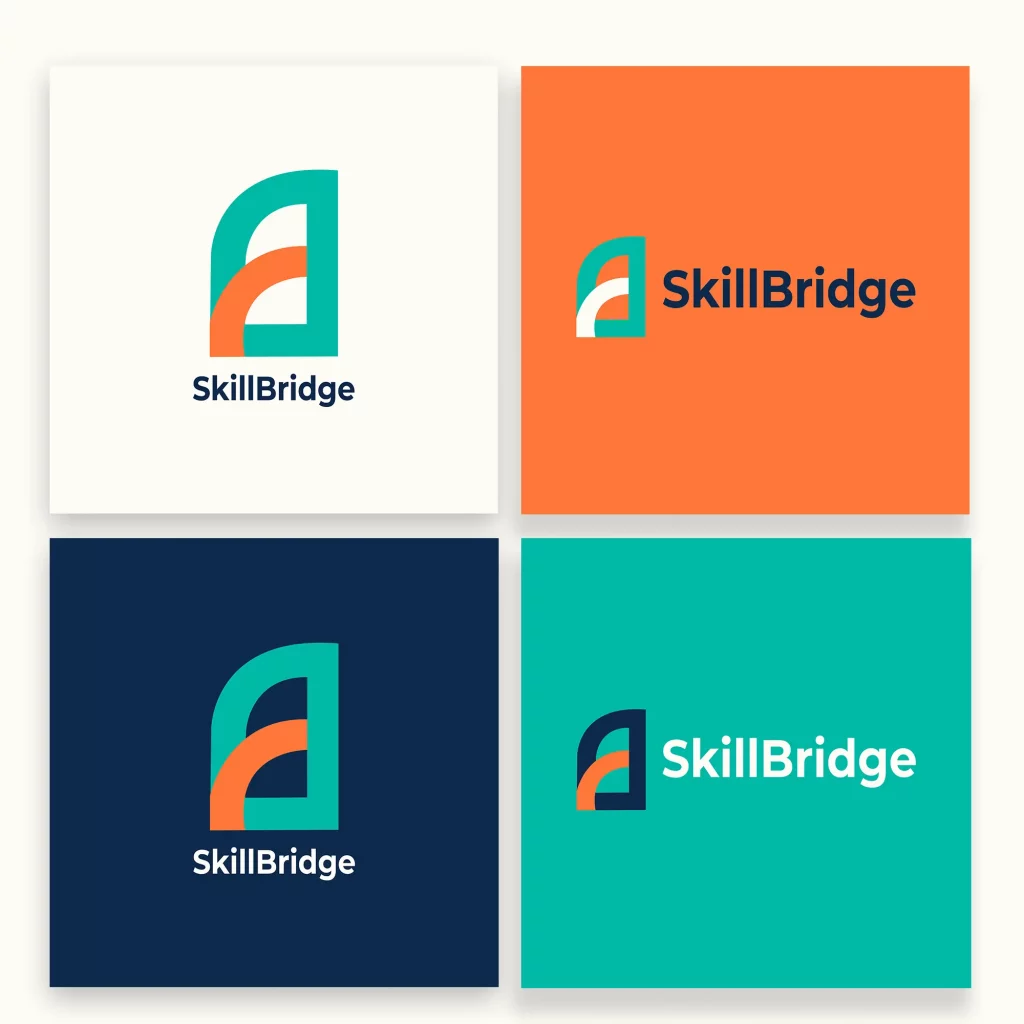 SkillBridge Logos in vertikaler und horizontaler Variante mit verschiedenen Farb-Backgrounds zur Darstellung der Markenflexibilität im Bildungsmarketing