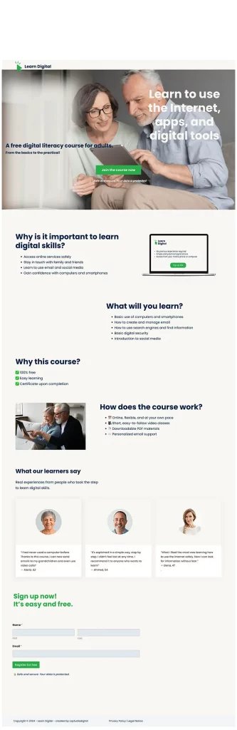 andingpage 'Learn Digital' mit Scroll-Animation