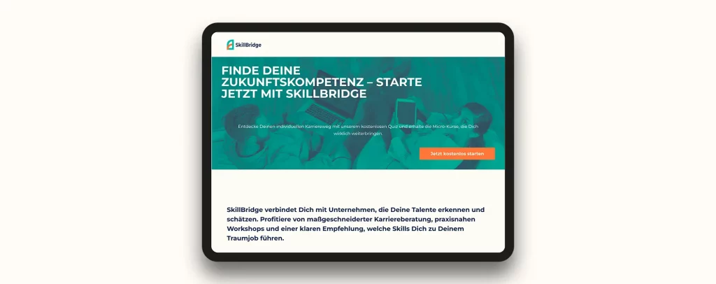 Tablet-Ansicht der SkillBridge Landing Page mit modernem UX-Design für digitales Bildungsmarketing